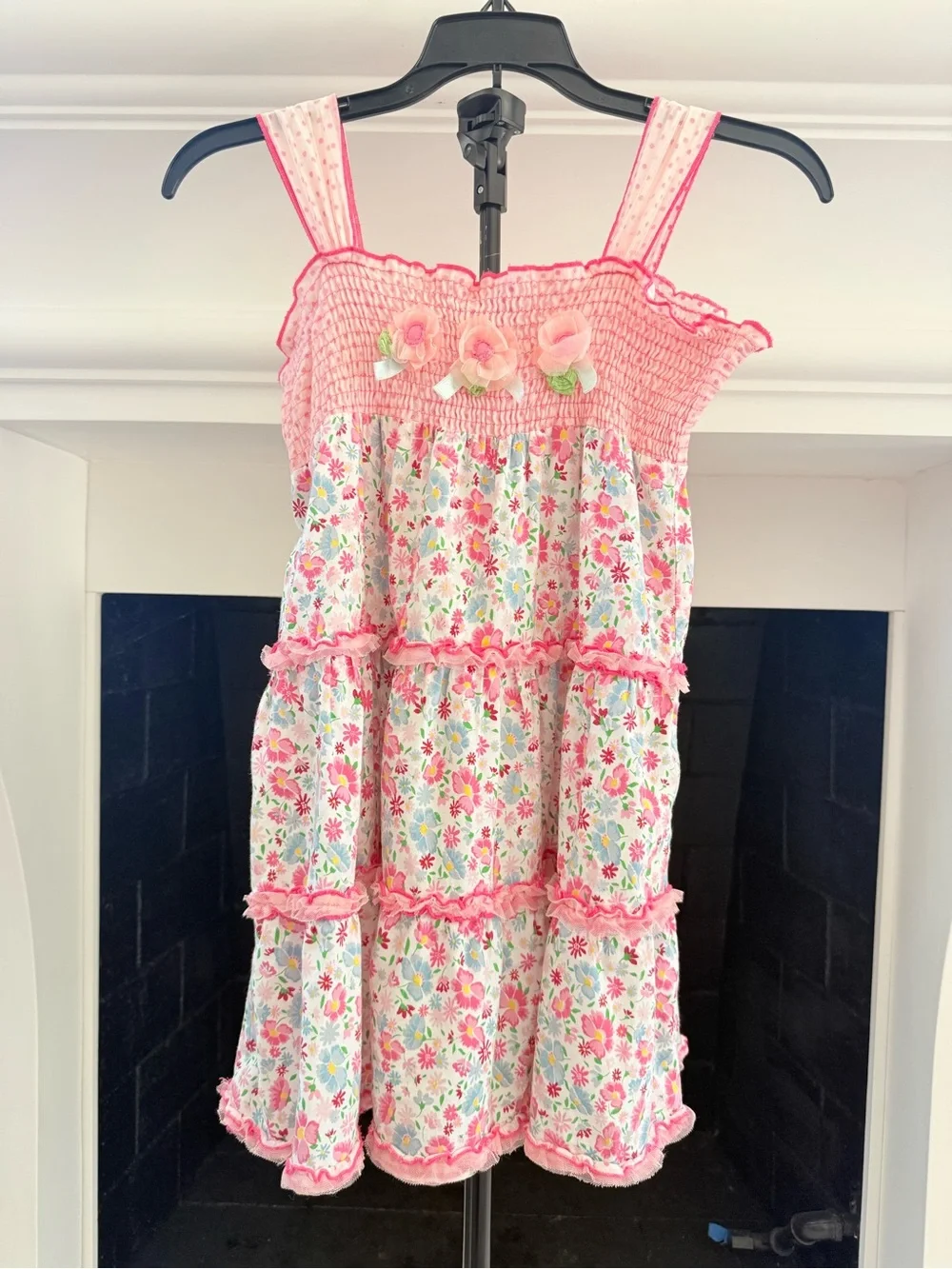 Girls Pink Floral Tiered Sundress with Smocked Bodice